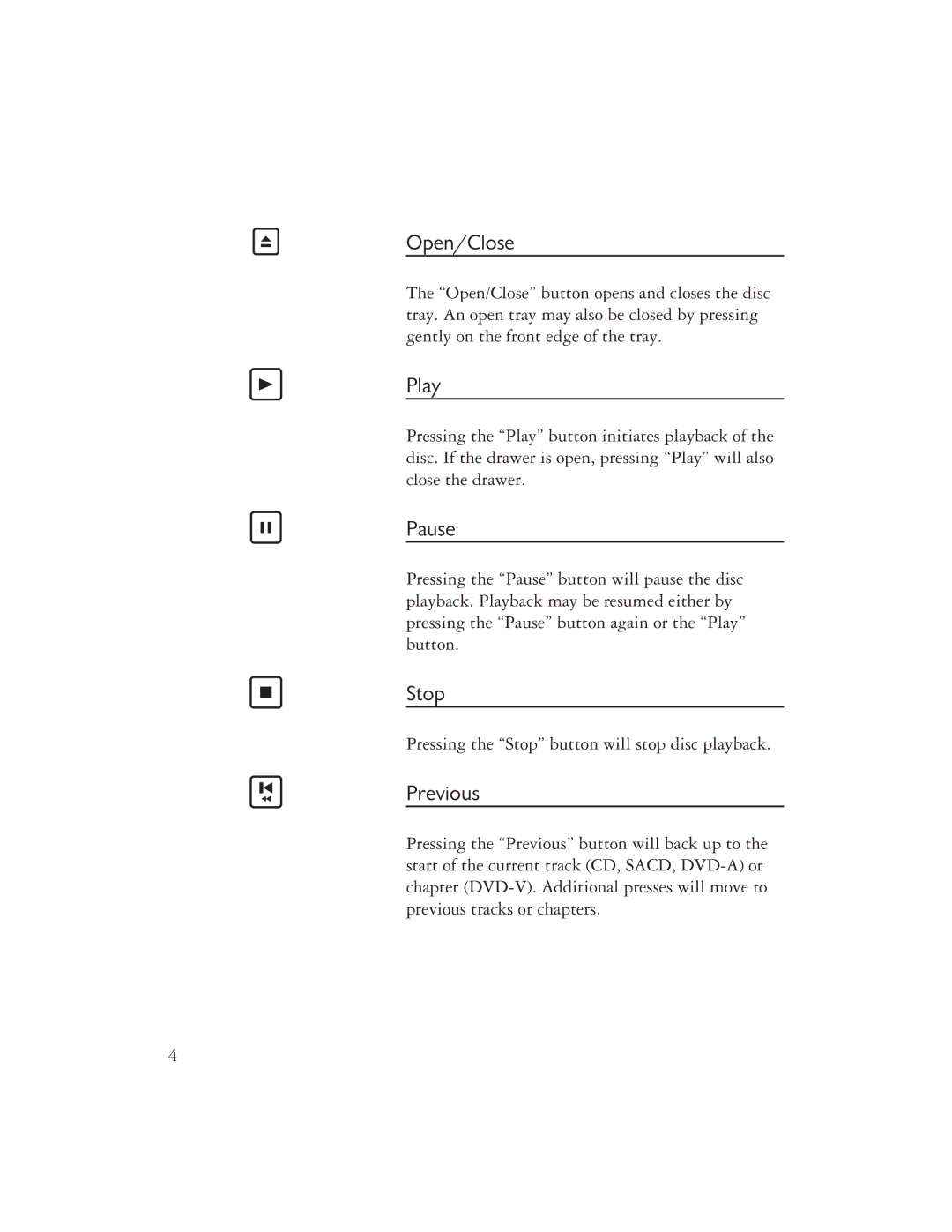 Ayre Acoustics Backlit Remote owner manual Open/Close, Play, Pause, Stop, Previous 