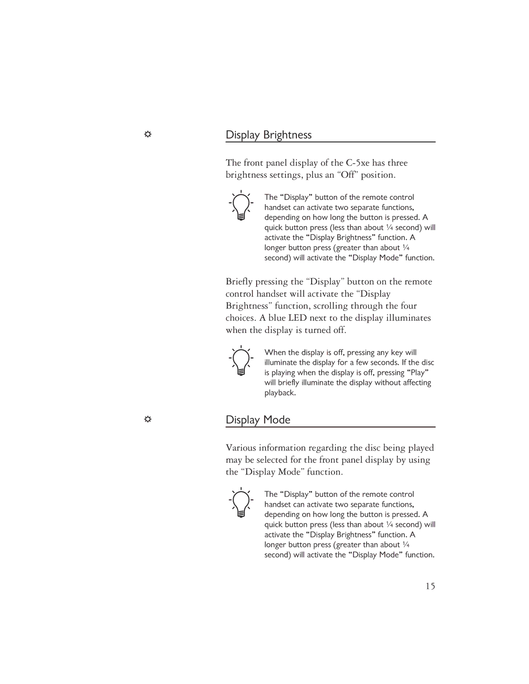 Ayre Acoustics C-5xe owner manual Display Brightness, Display Mode 