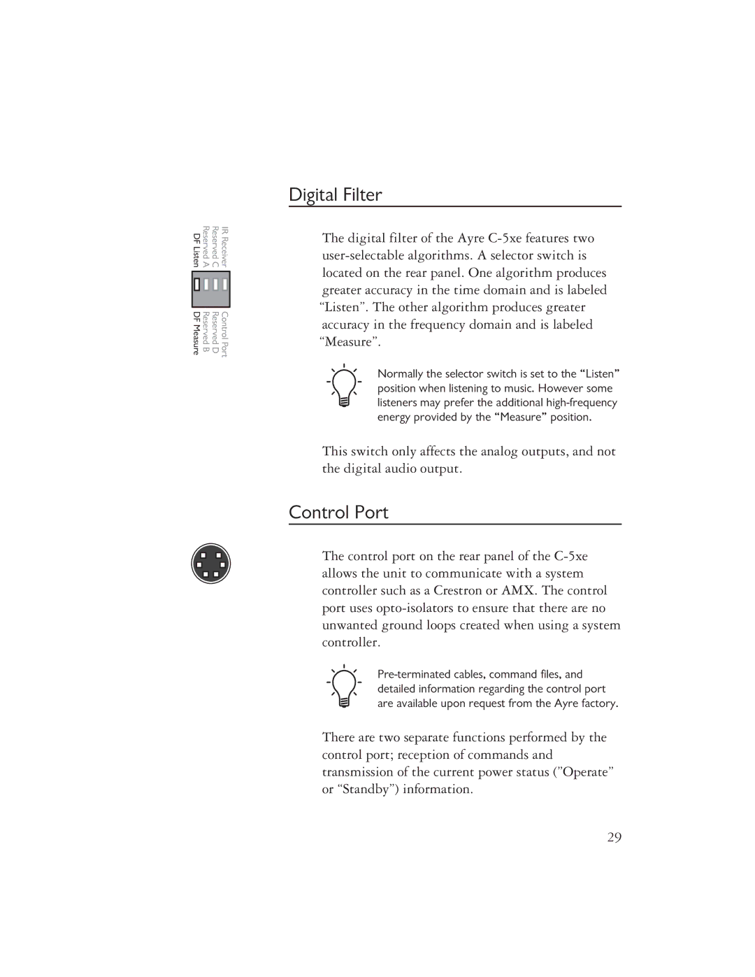 Ayre Acoustics C-5xe owner manual Digital Filter, Control Port 