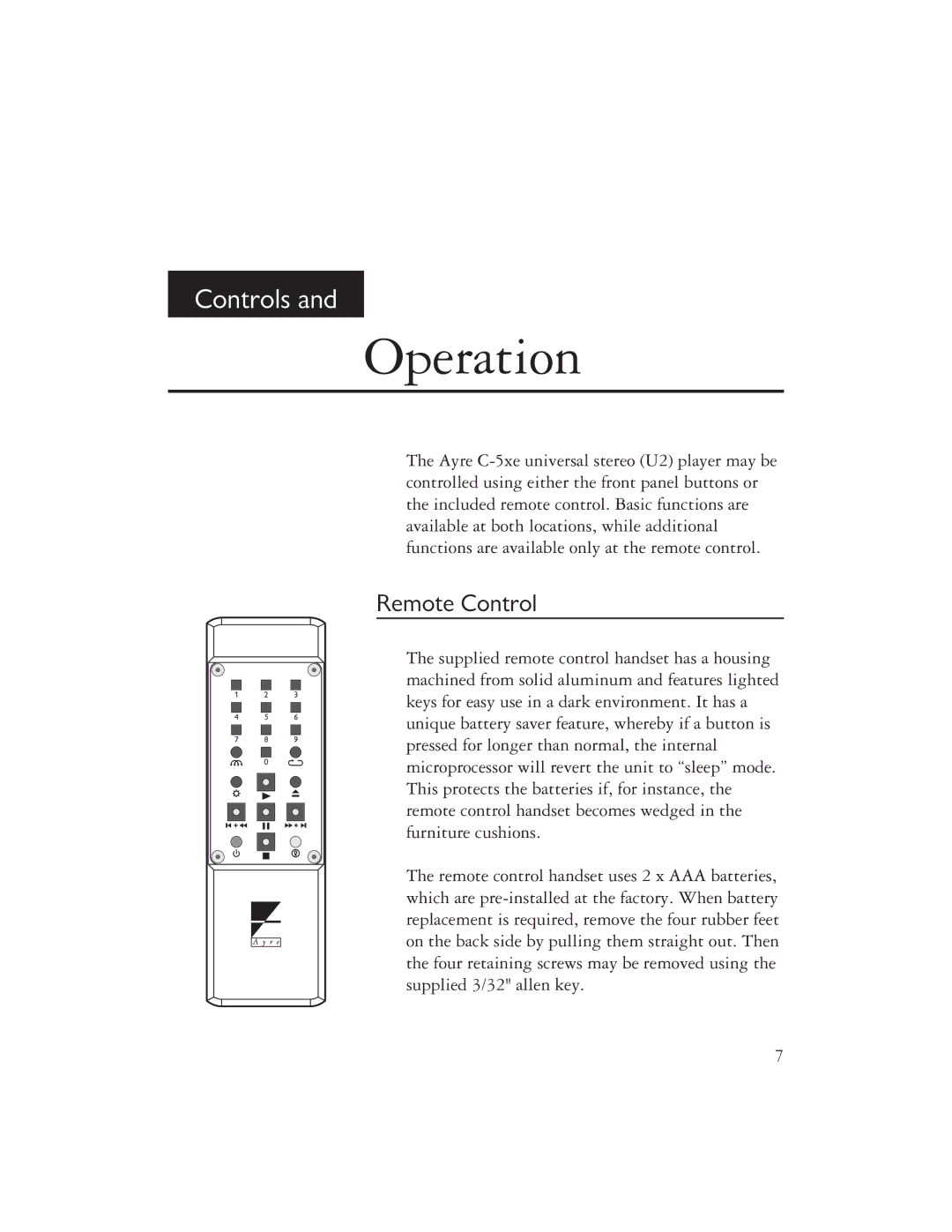 Ayre Acoustics C-5xe owner manual Operation, Remote Control 