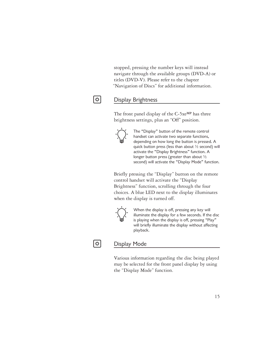 Ayre Acoustics C-5XEMP owner manual Display Brightness, Display Mode 