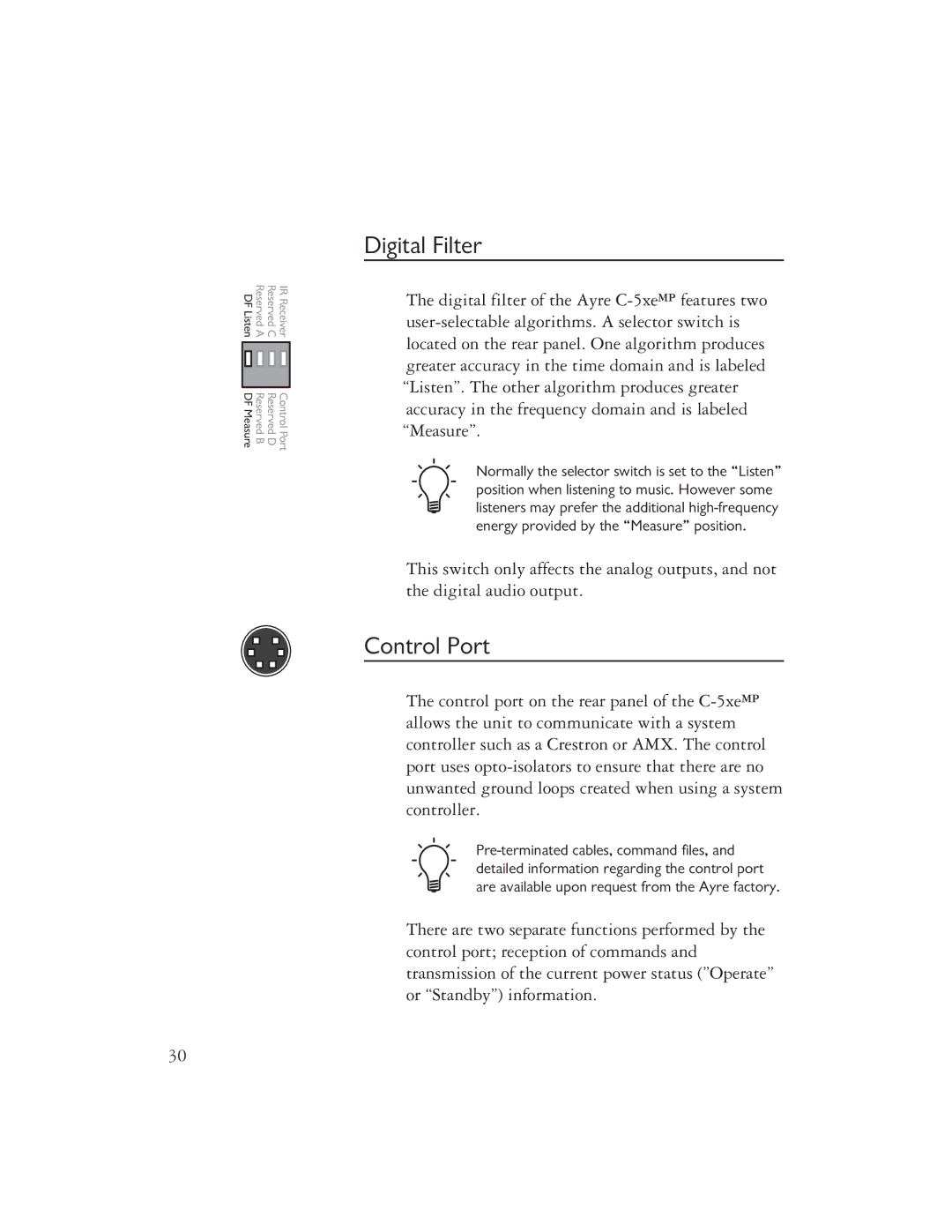 Ayre Acoustics C-5XEMP owner manual Digital Filter, Control Port 