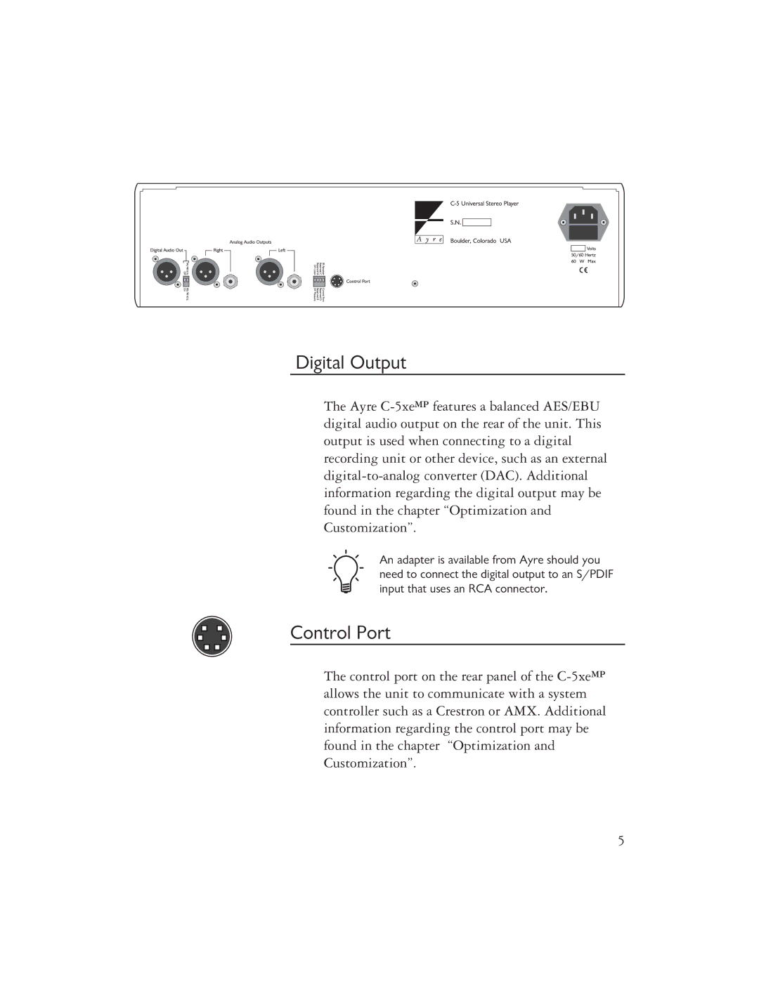 Ayre Acoustics C-5XEMP owner manual Digital Output, Control Port 