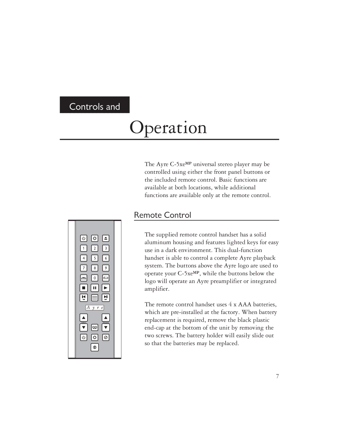 Ayre Acoustics C-5XEMP owner manual Operation, Remote Control 