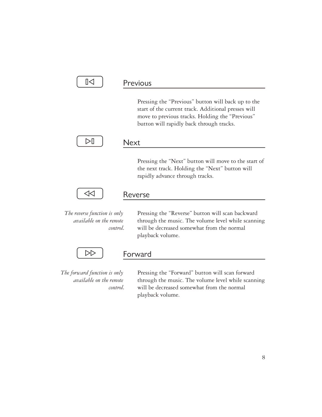 Ayre Acoustics CX-7 owner manual Previous, Next, Reverse, Forward 