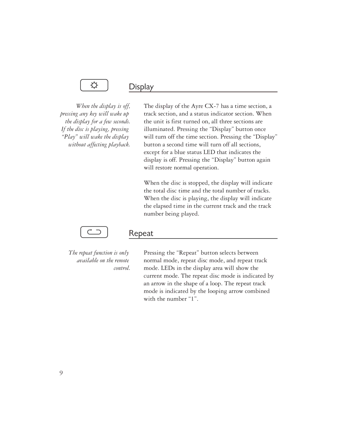 Ayre Acoustics CX-7 owner manual Display, Repeat 