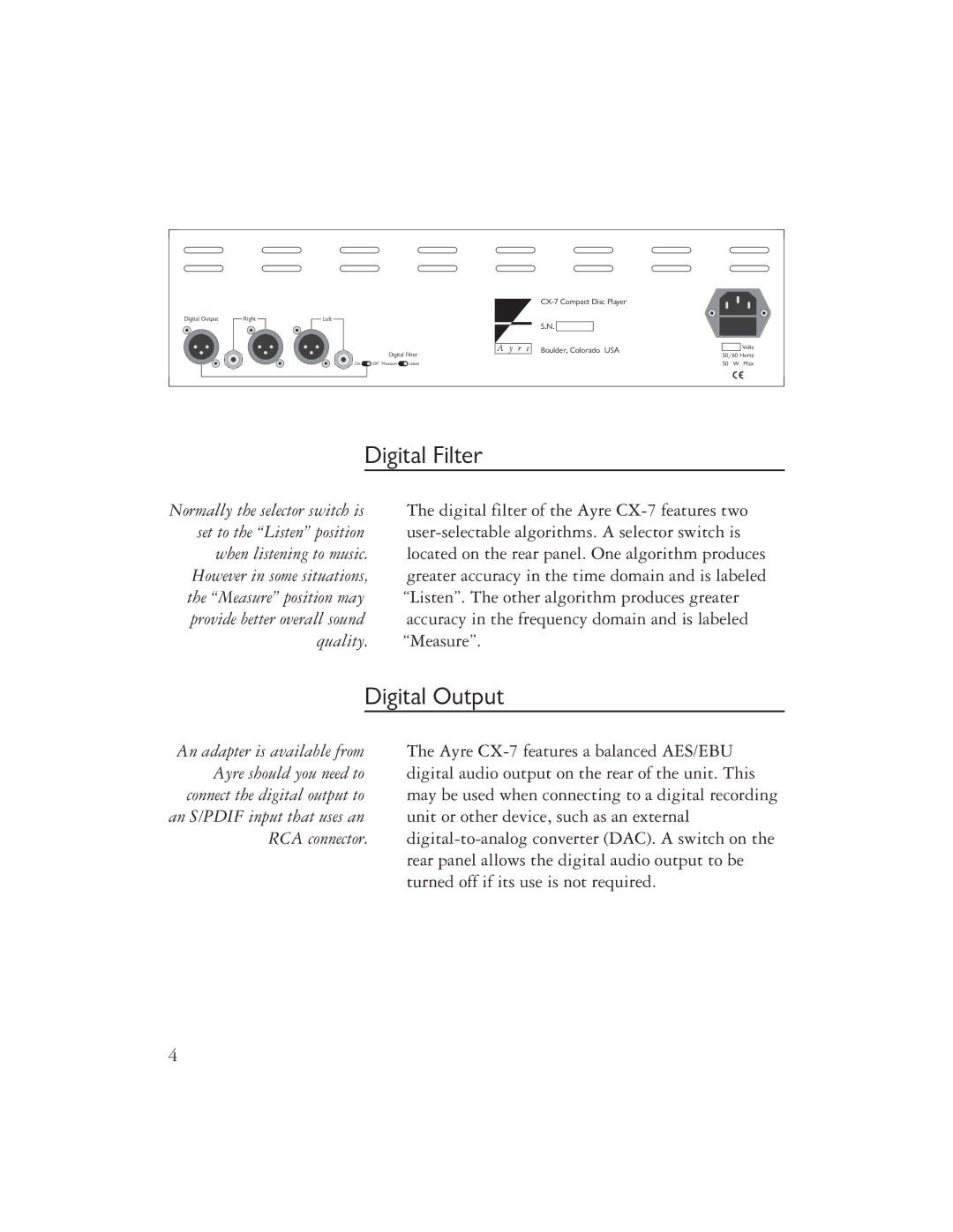 Ayre Acoustics CX-7 owner manual Digital Filter, Digital Output 