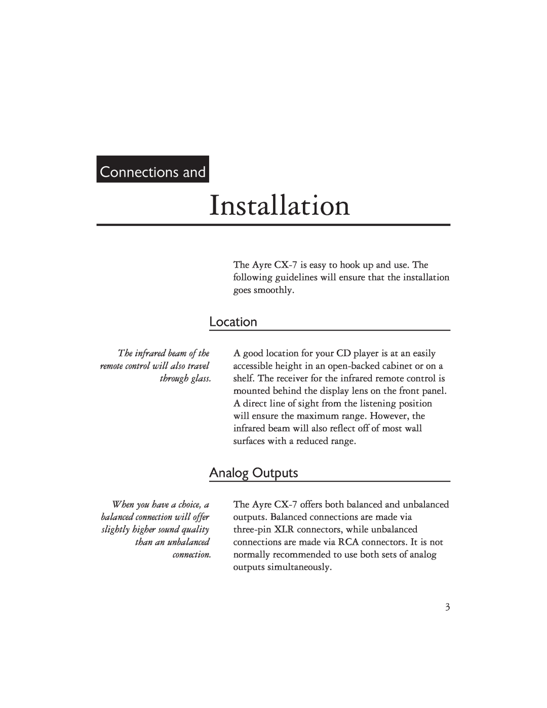 Ayre Acoustics CX-7 owner manual Installation, Connections and, Location, Analog Outputs 