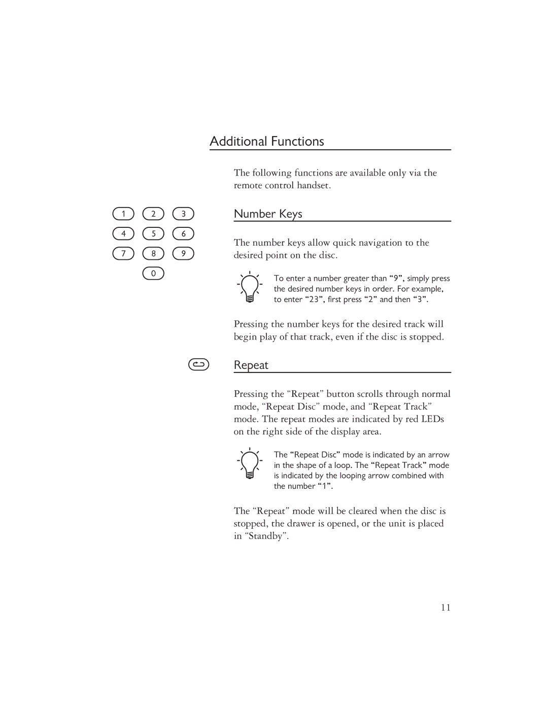 Ayre Acoustics CX-7EMP owner manual Additional Functions, Number Keys, Repeat 