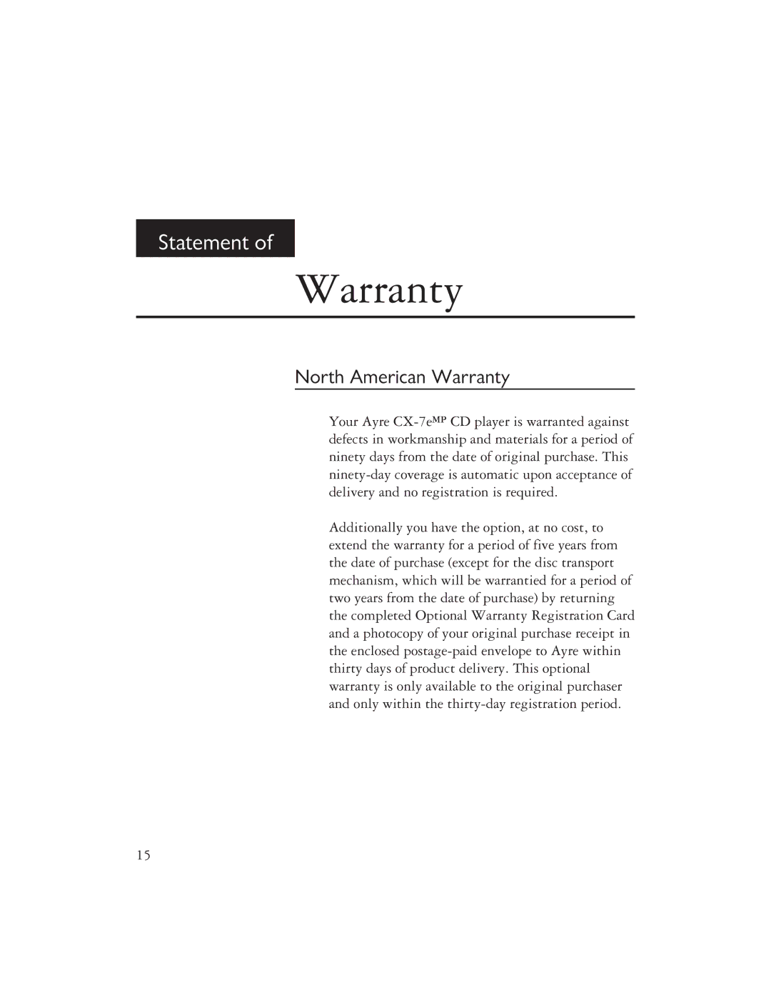 Ayre Acoustics CX-7EMP owner manual North American Warranty 