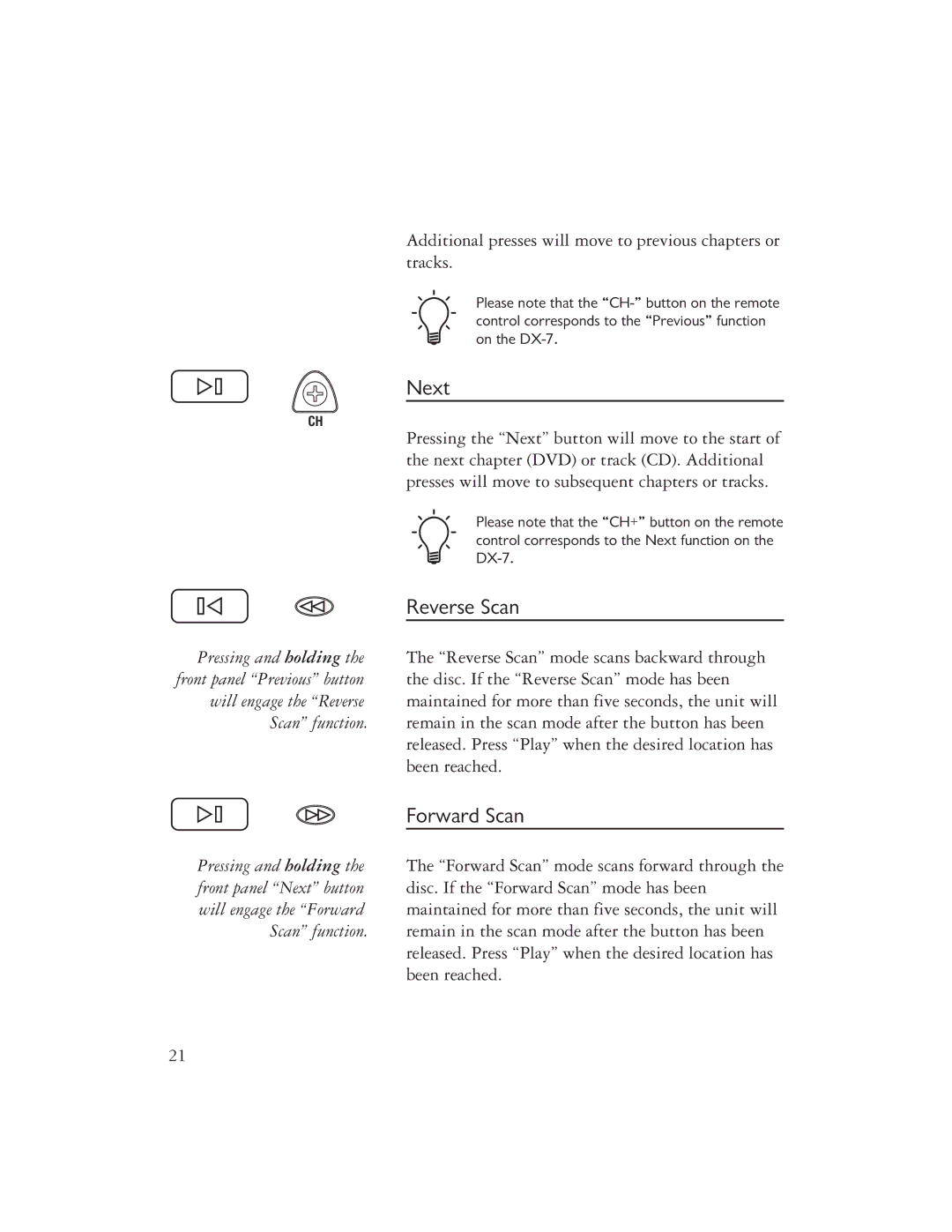 Ayre Acoustics DX-7 owner manual Next, Reverse Scan, Forward Scan 