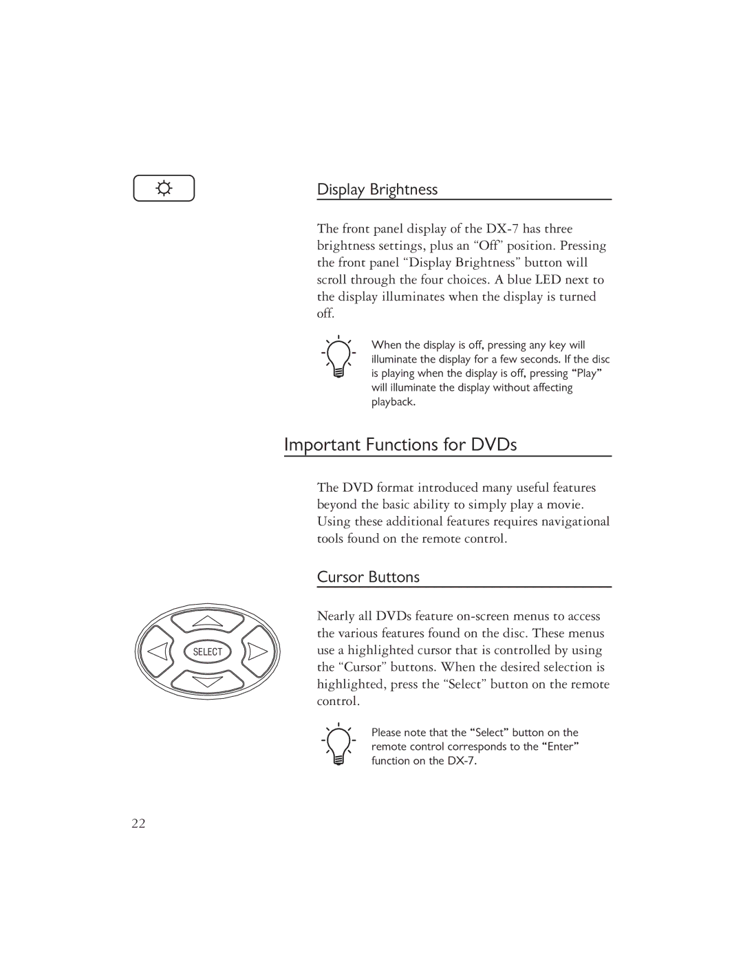 Ayre Acoustics DX-7 owner manual Important Functions for DVDs, Display Brightness, Cursor Buttons 