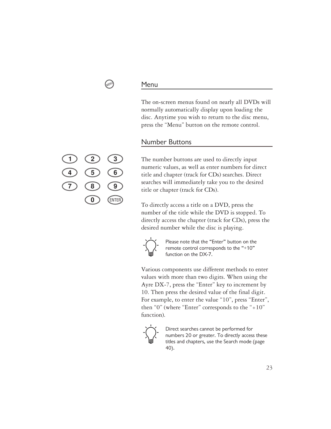 Ayre Acoustics DX-7 owner manual Menu, Number Buttons 