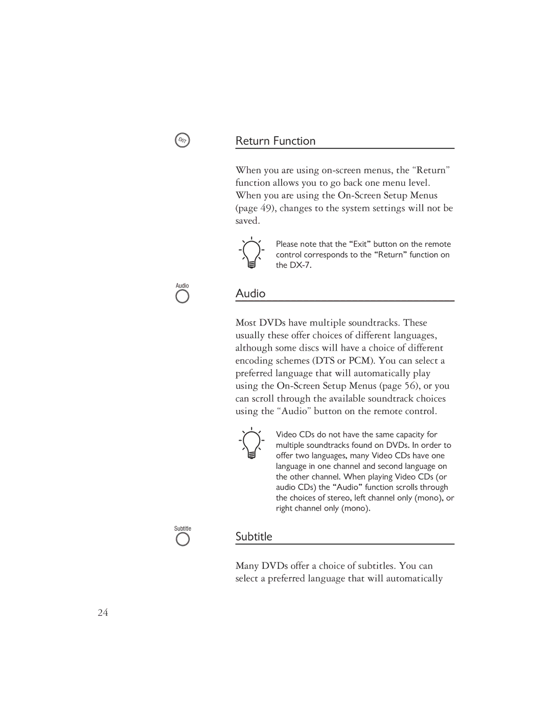 Ayre Acoustics DX-7 owner manual Return Function, Audio, Subtitle 