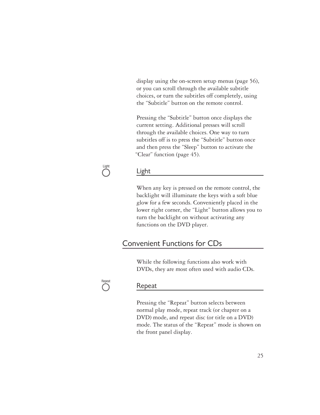 Ayre Acoustics DX-7 owner manual Convenient Functions for CDs, Light, Repeat 