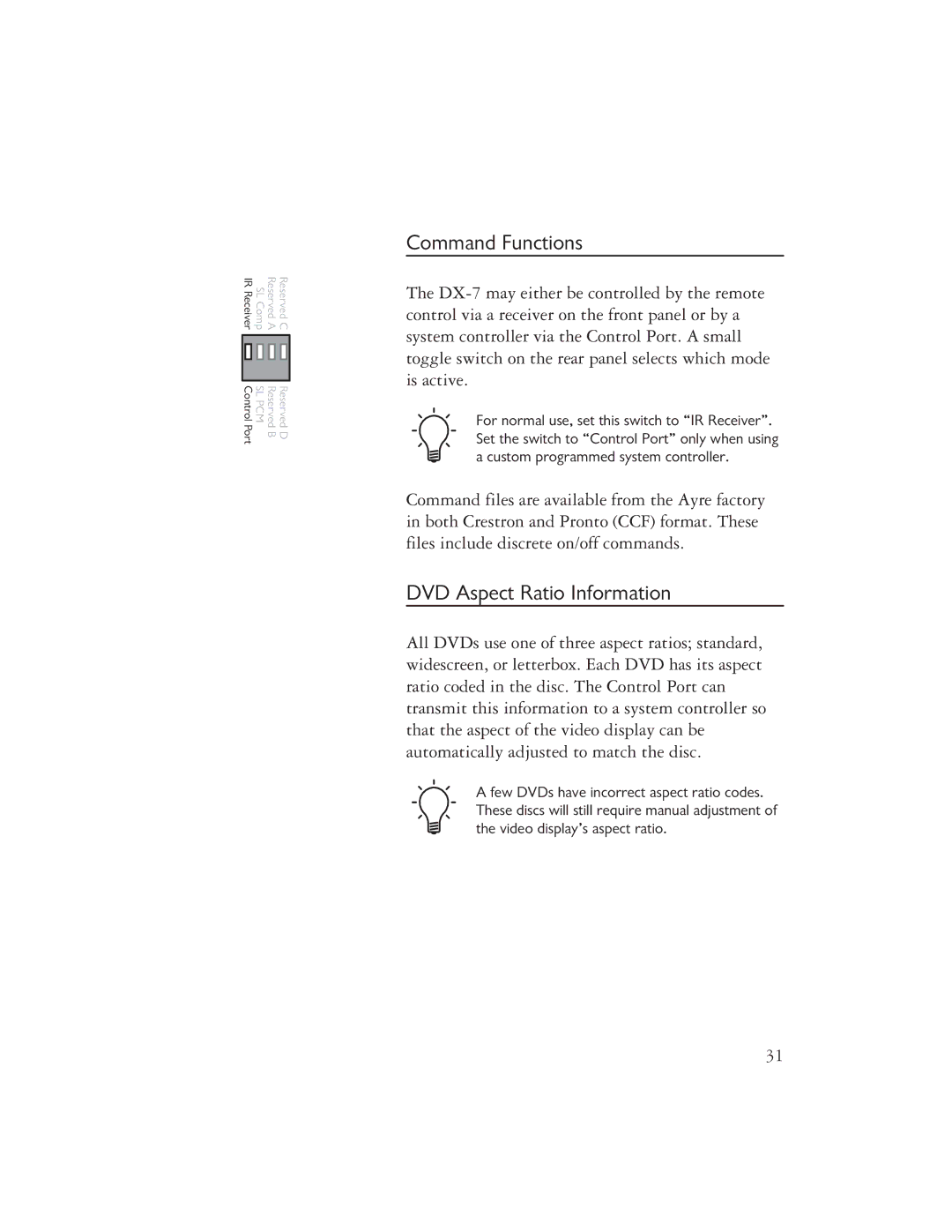 Ayre Acoustics DX-7 owner manual Command Functions, DVD Aspect Ratio Information 