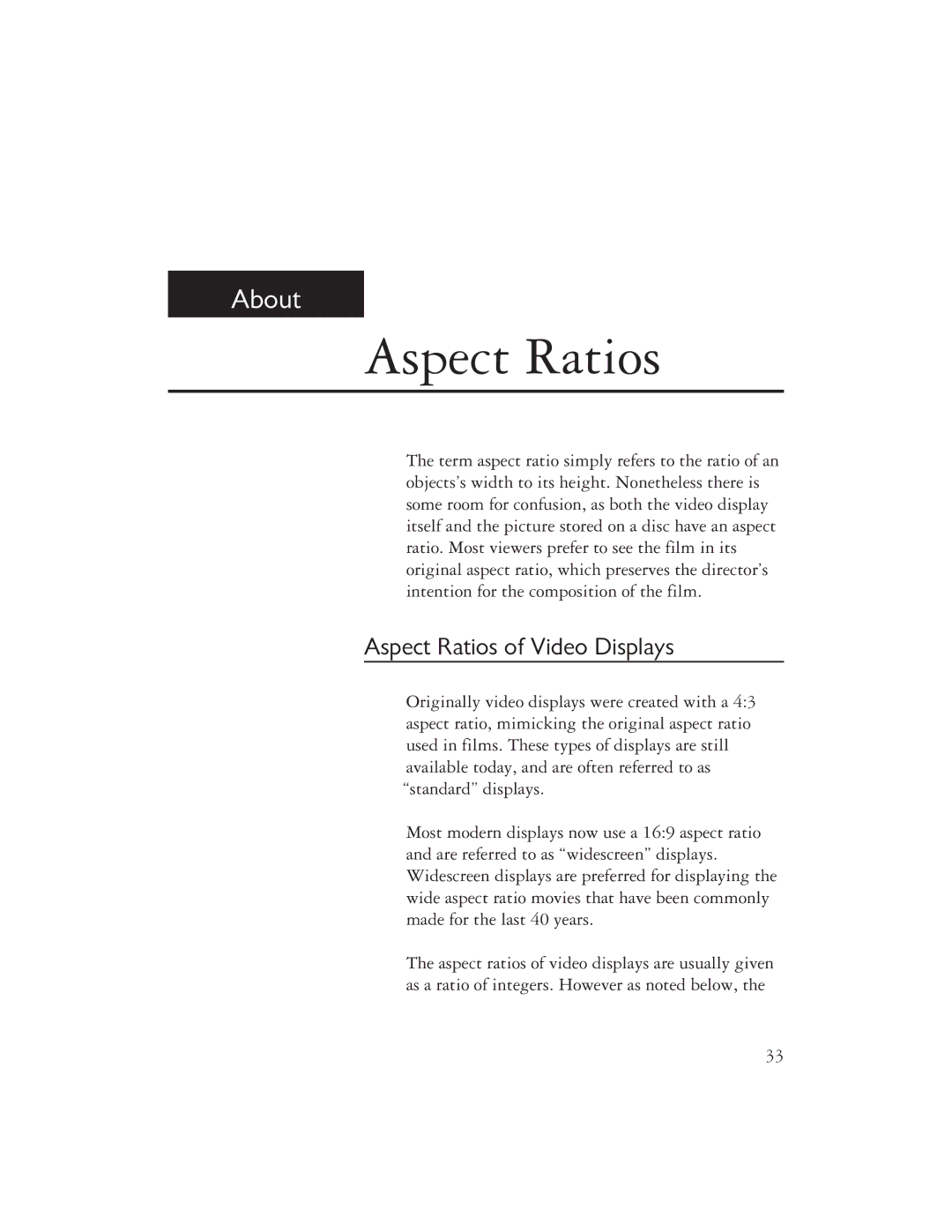 Ayre Acoustics DX-7 owner manual Aspect Ratios of Video Displays 