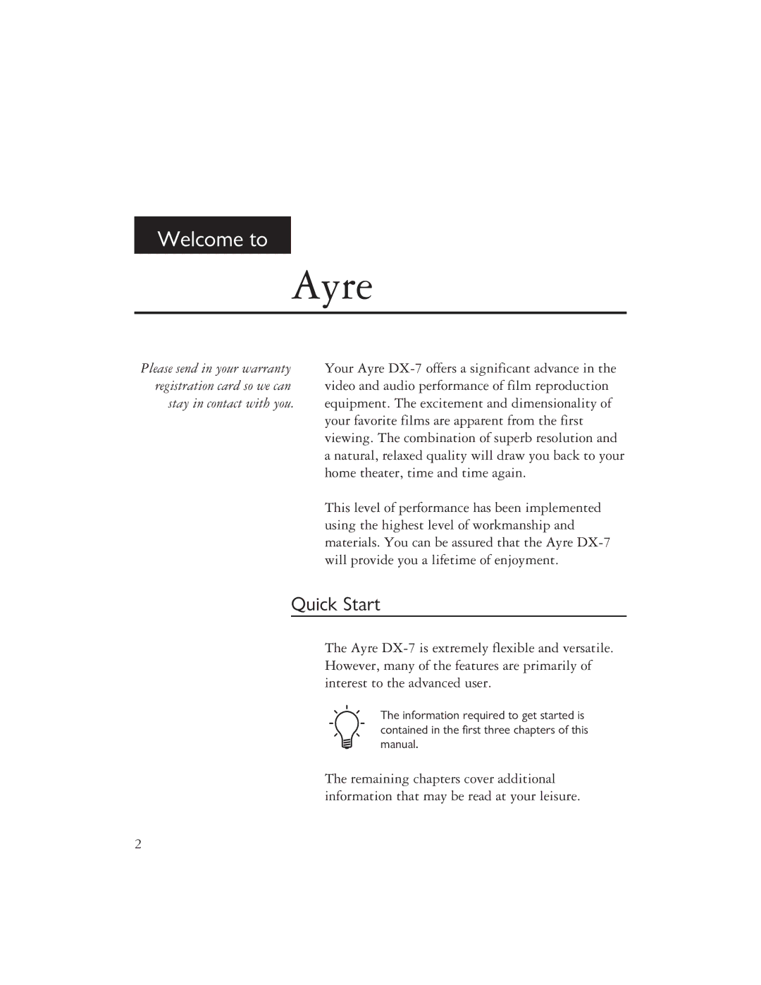 Ayre Acoustics DX-7 owner manual Ayre, Quick Start 