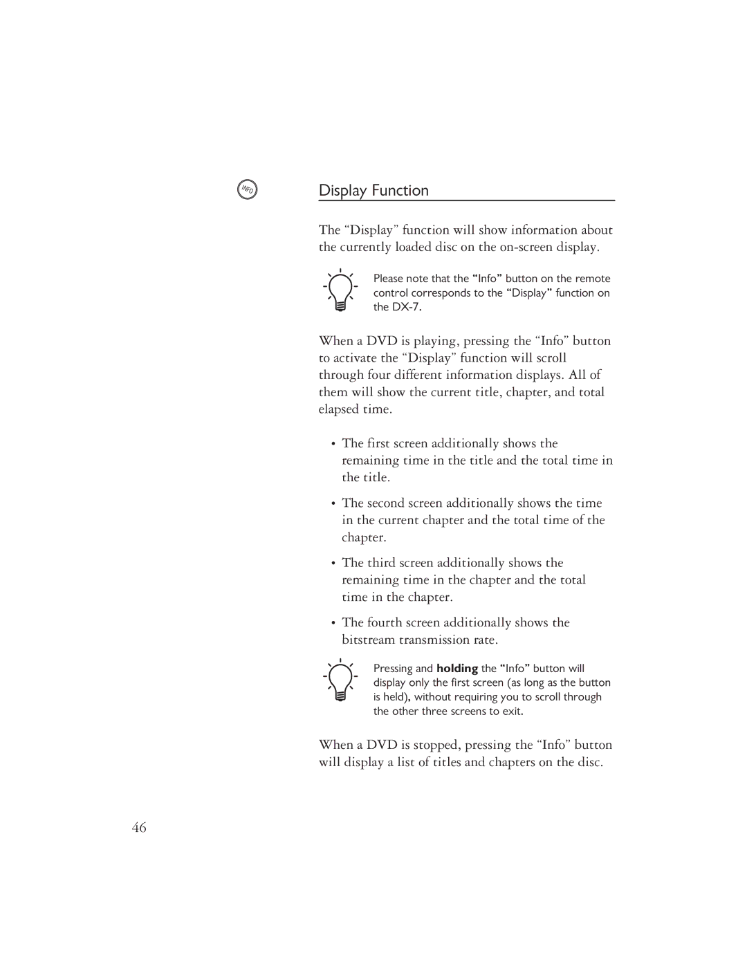 Ayre Acoustics DX-7 owner manual Display Function 