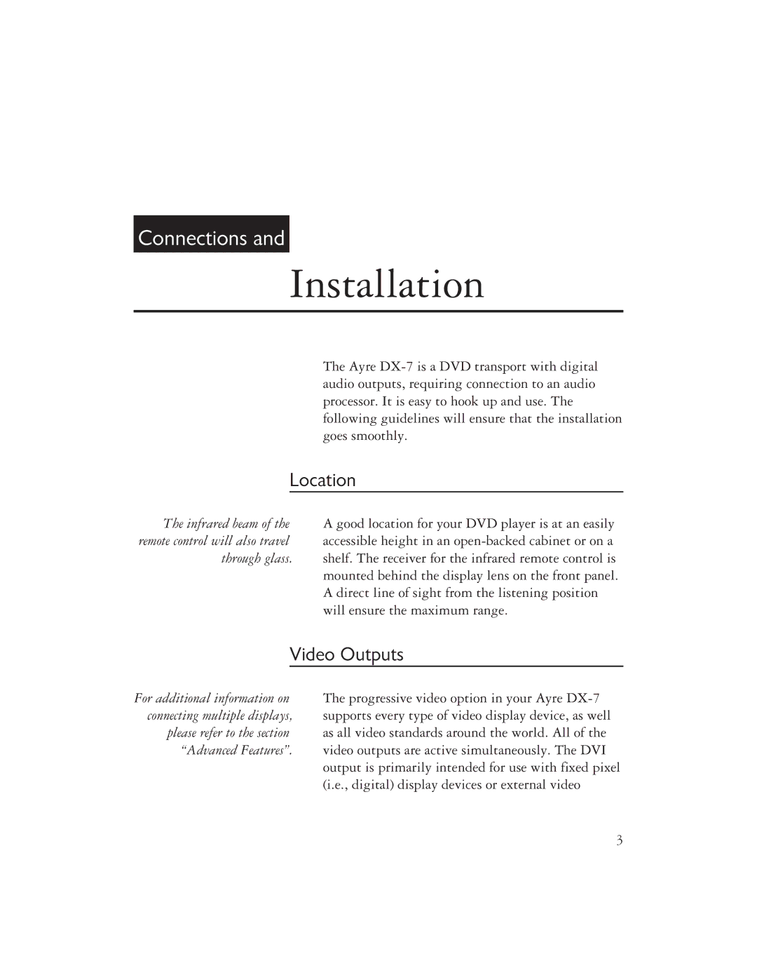 Ayre Acoustics DX-7 owner manual Installation, Location, Video Outputs 