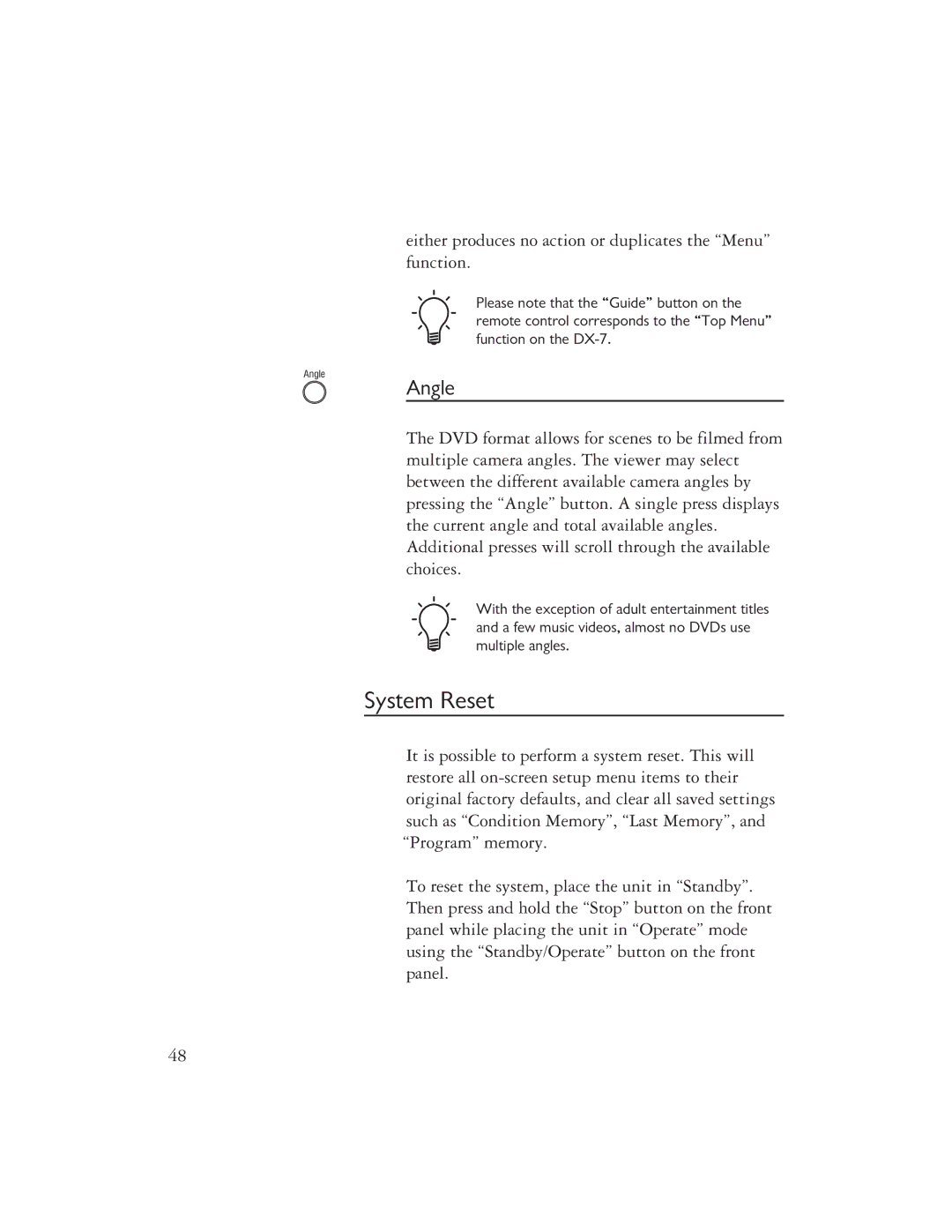 Ayre Acoustics DX-7 owner manual System Reset, Angle 