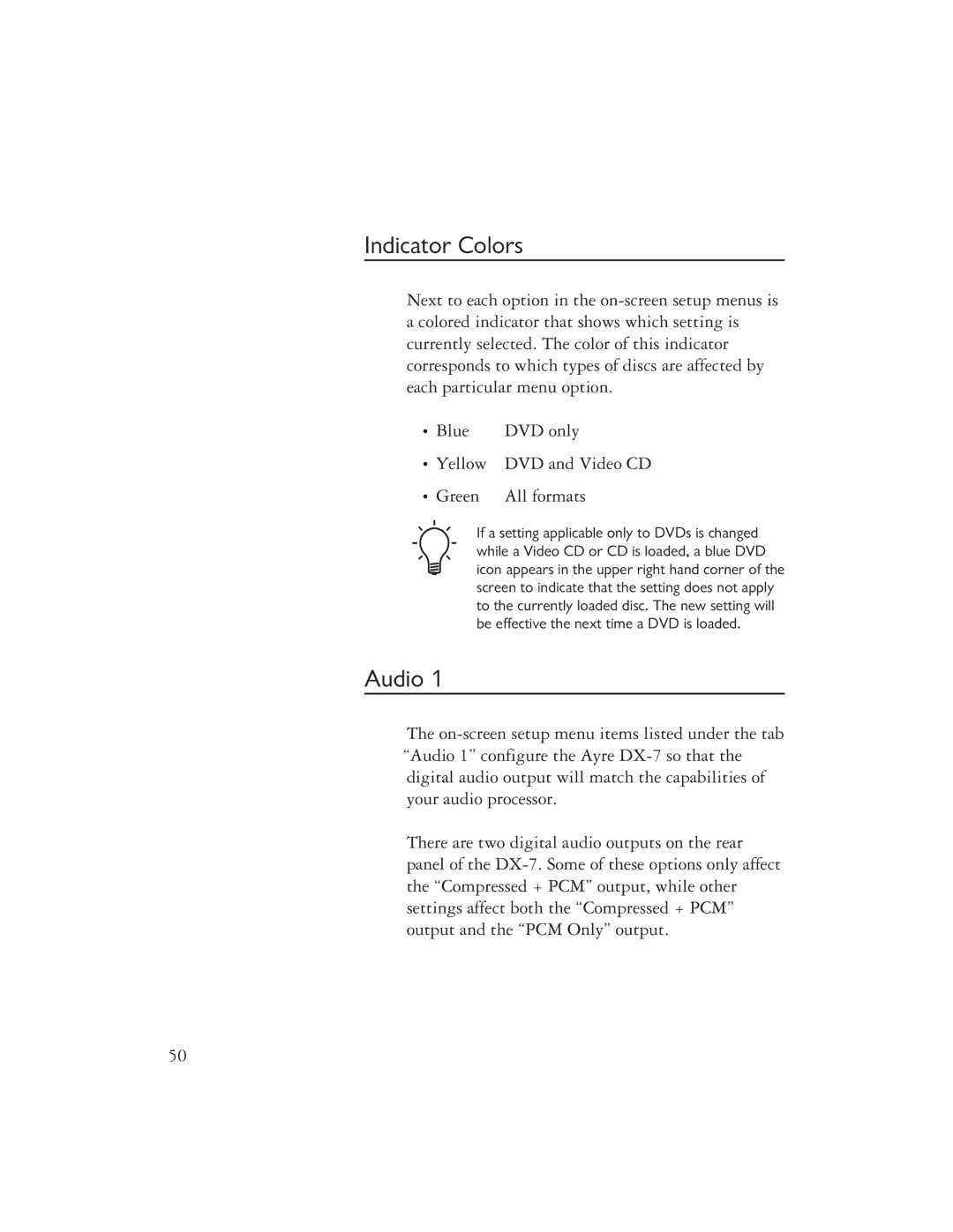 Ayre Acoustics DX-7 owner manual Indicator Colors, Audio 