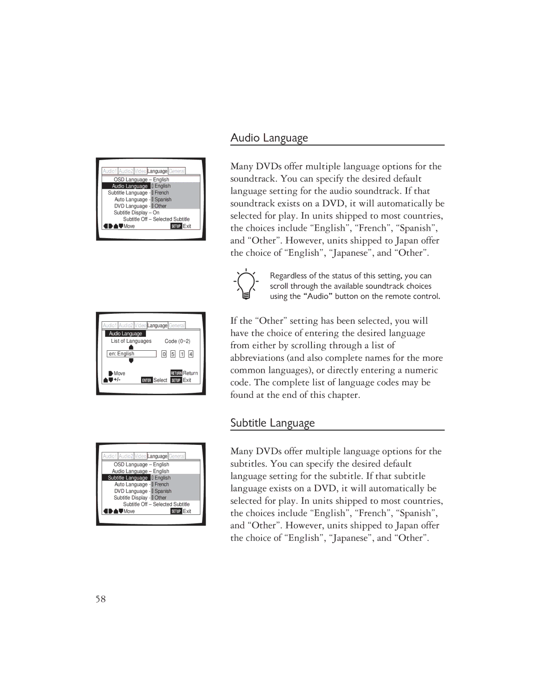 Ayre Acoustics DX-7 owner manual Audio Language, Subtitle Language 