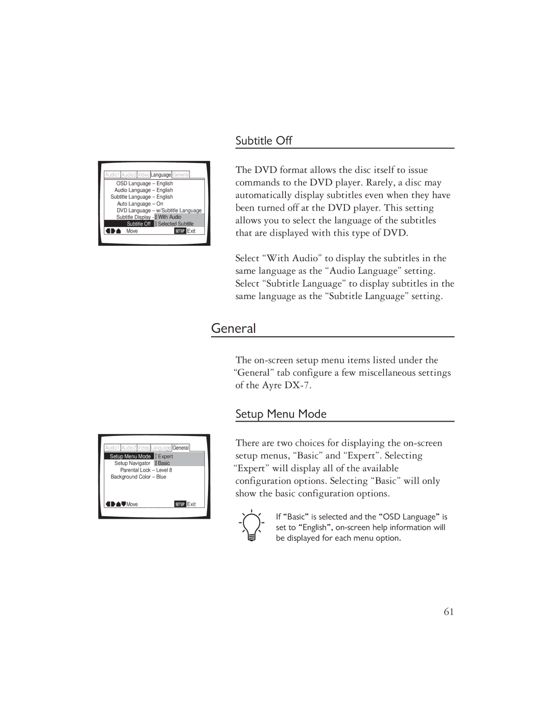 Ayre Acoustics DX-7 owner manual General, Subtitle Off, Setup Menu Mode 