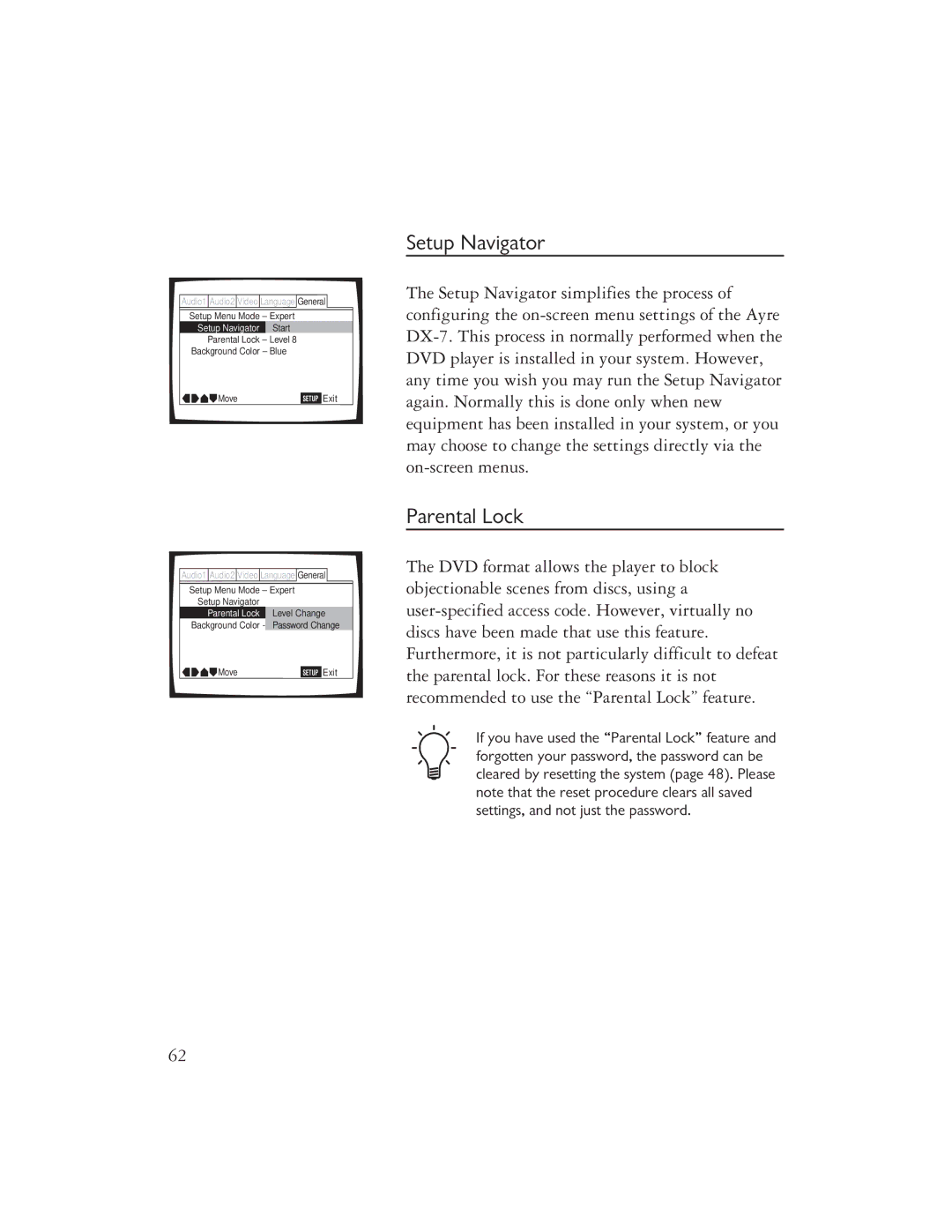 Ayre Acoustics DX-7 owner manual Setup Navigator, Parental Lock 