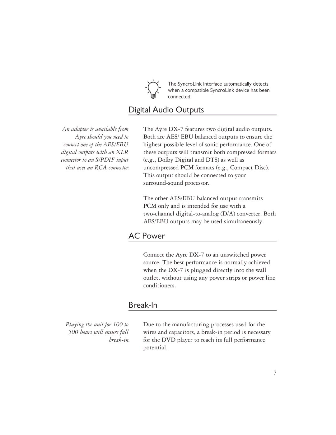 Ayre Acoustics DX-7 owner manual Digital Audio Outputs, AC Power, Break-In 