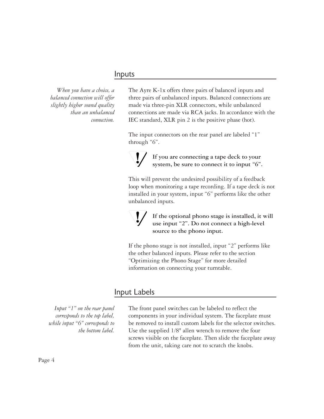 Ayre Acoustics K-1x owner manual Inputs, Input Labels 