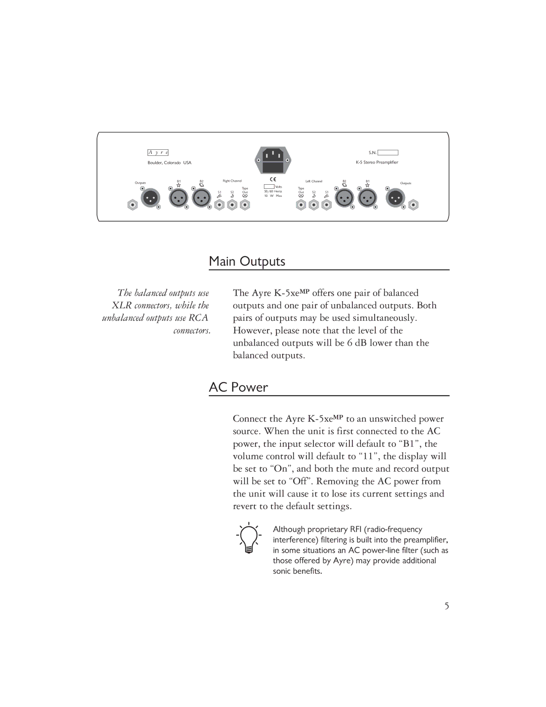 Ayre Acoustics K-5XEMP owner manual Main Outputs, AC Power 