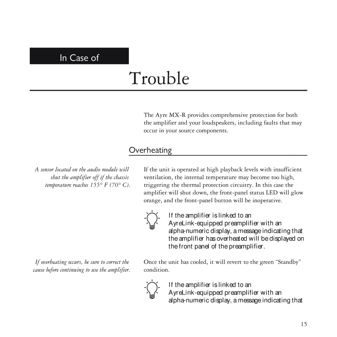 Ayre Acoustics MX-R manual Trouble, Overheating 