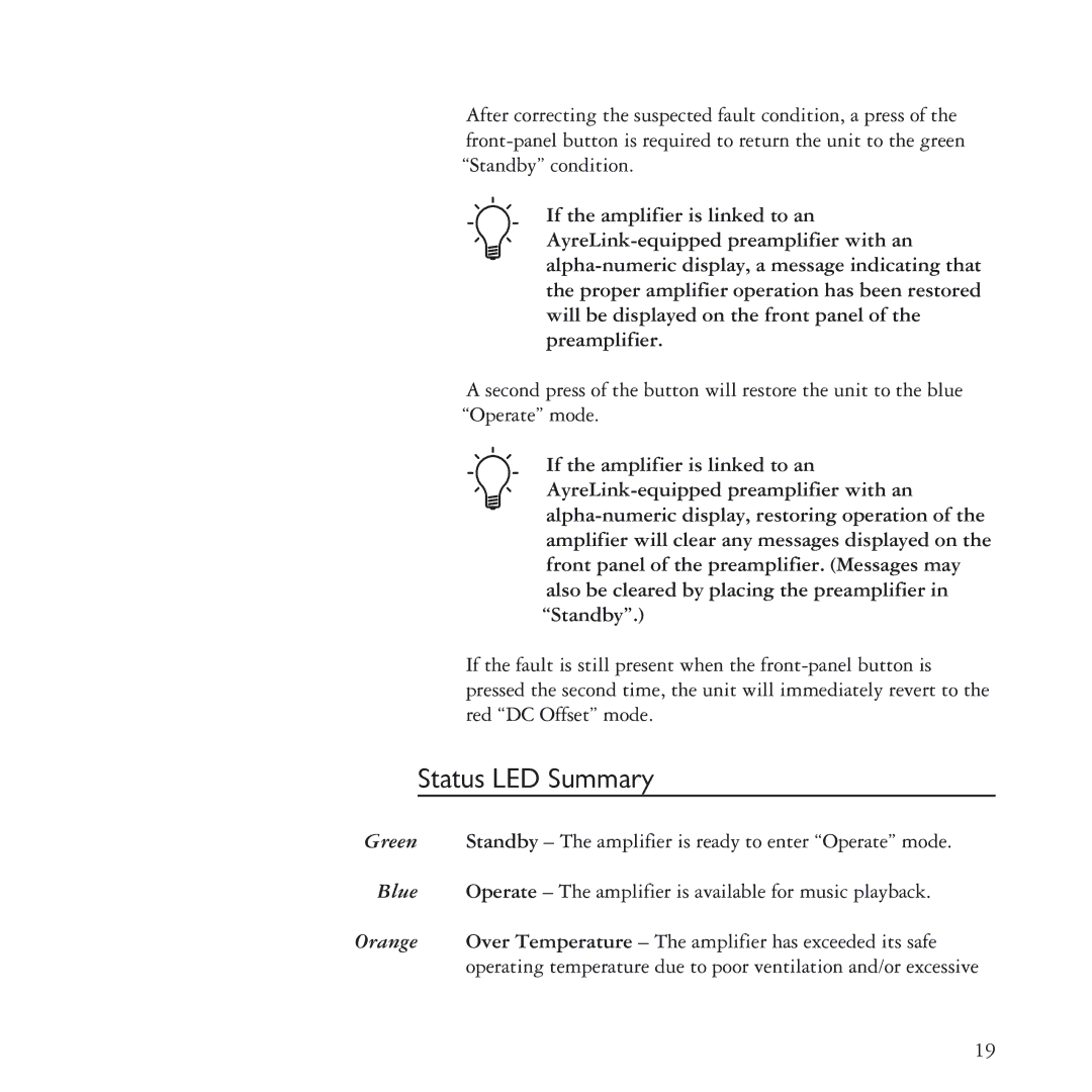 Ayre Acoustics MX-R manual Status LED Summary 