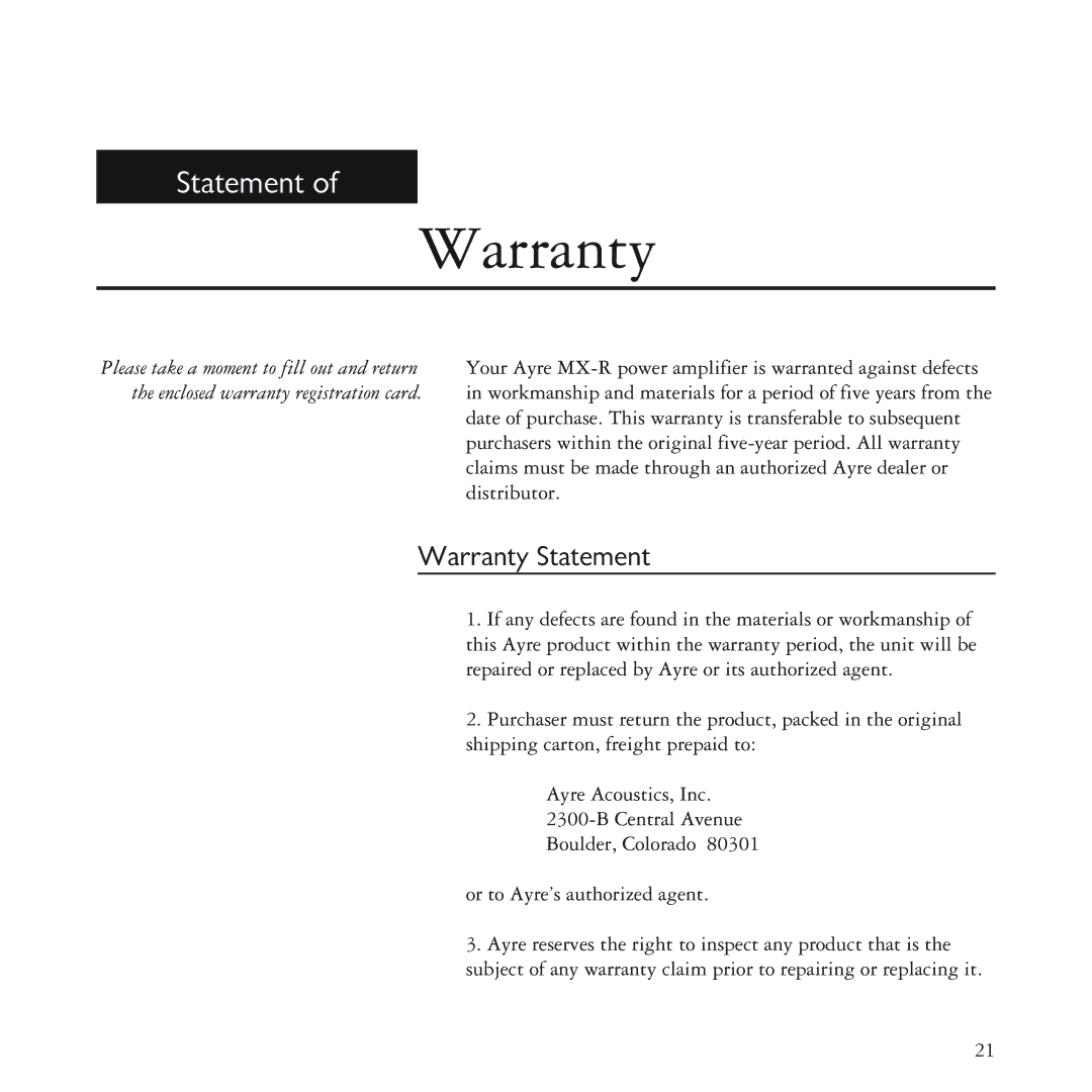 Ayre Acoustics MX-R manual Warranty Statement 