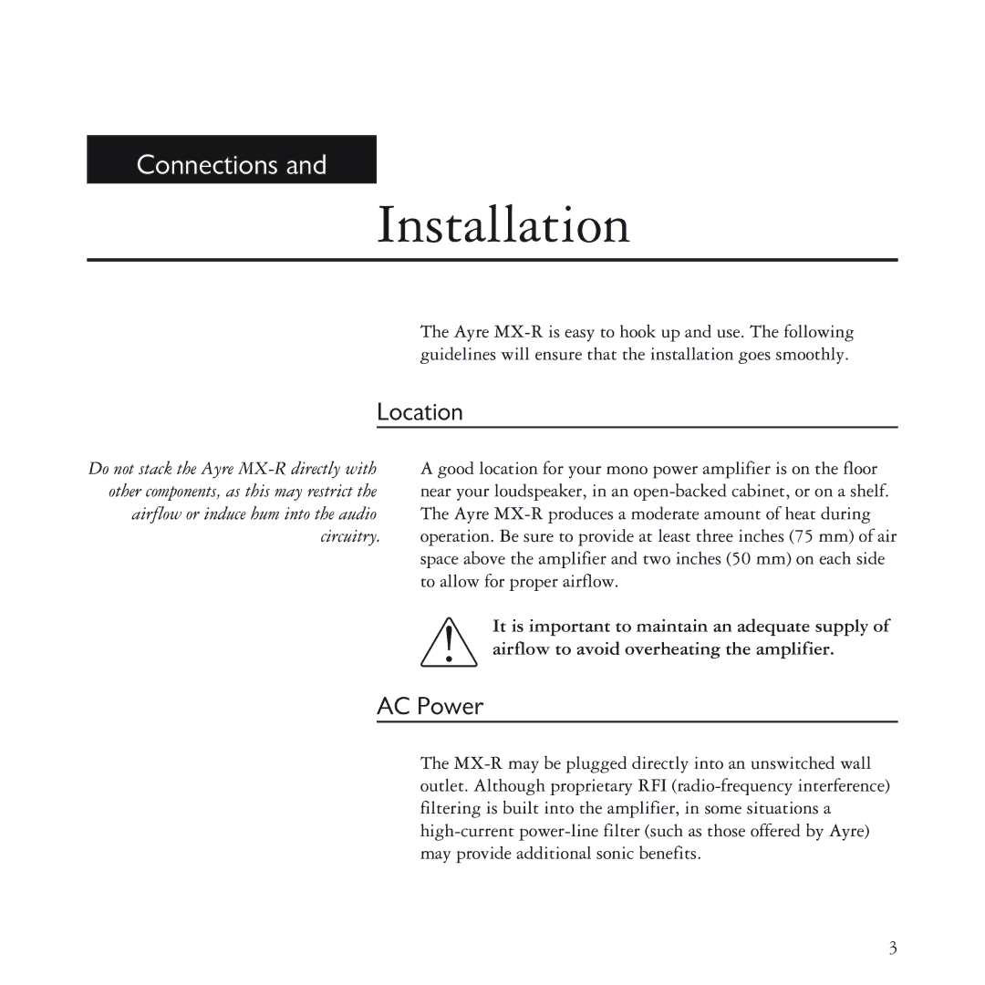 Ayre Acoustics MX-R manual Installation, Location, AC Power 