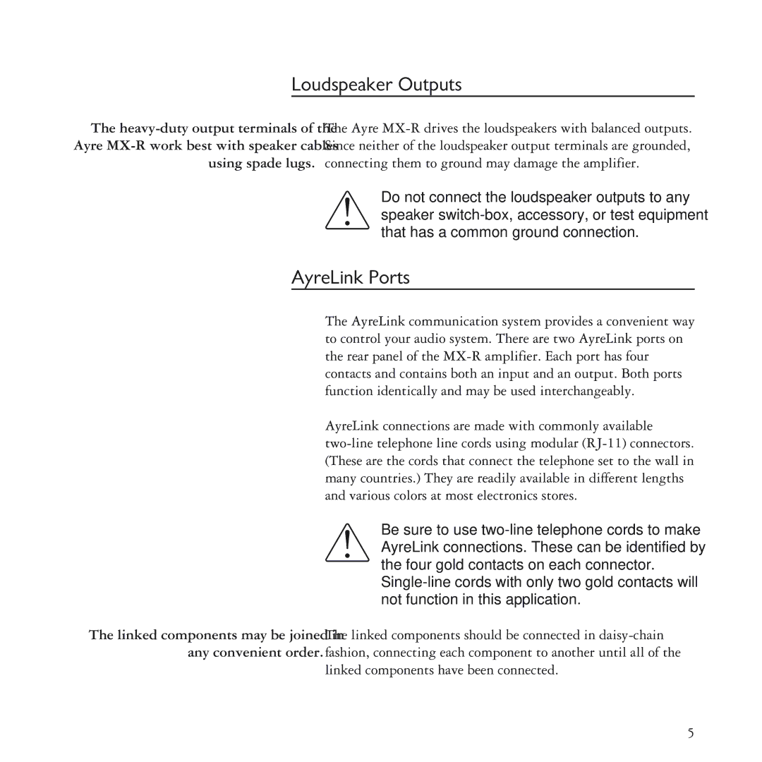 Ayre Acoustics MX-R manual Loudspeaker Outputs, AyreLink Ports 