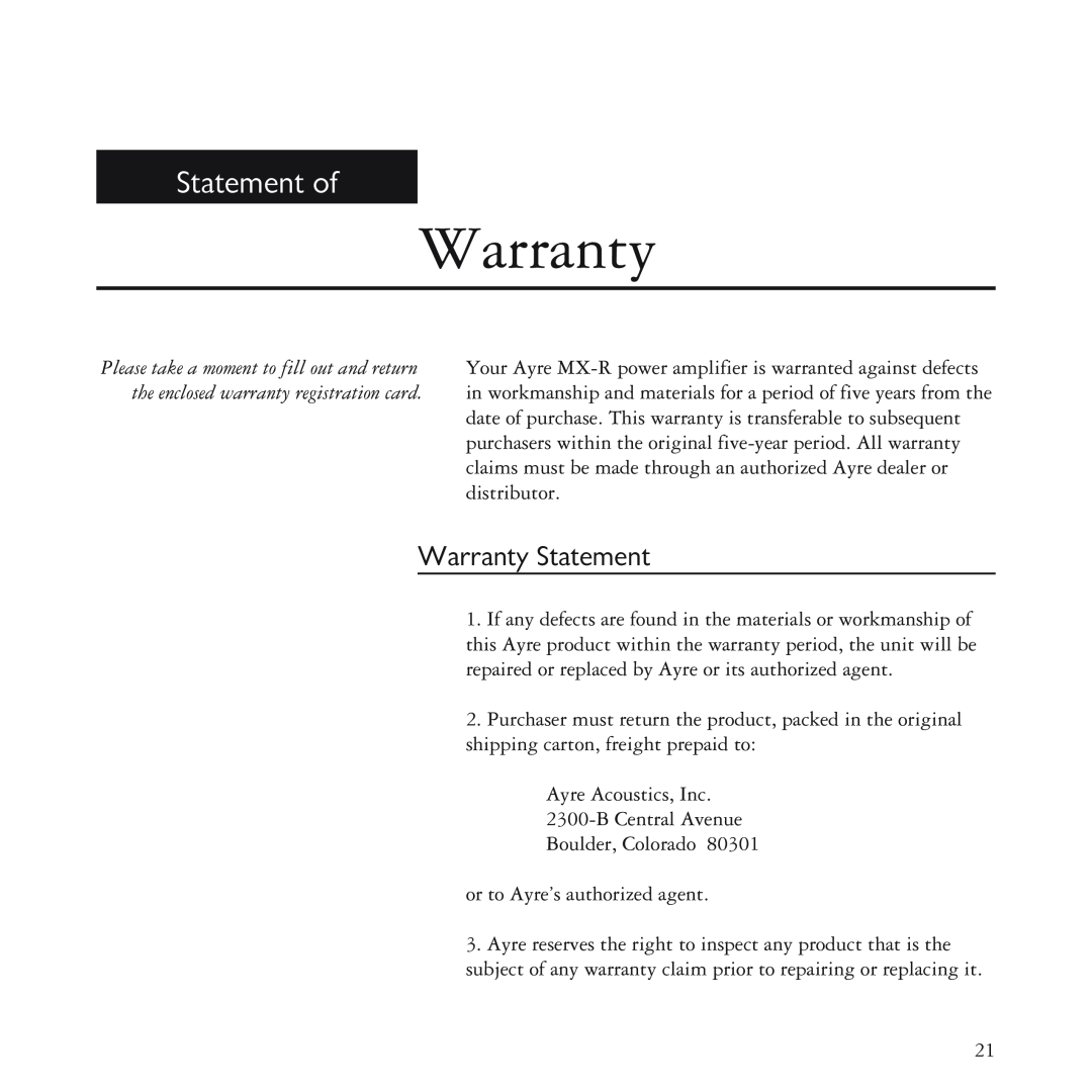 Ayre Acoustics MX-R manual Statement of, Warranty Statement 