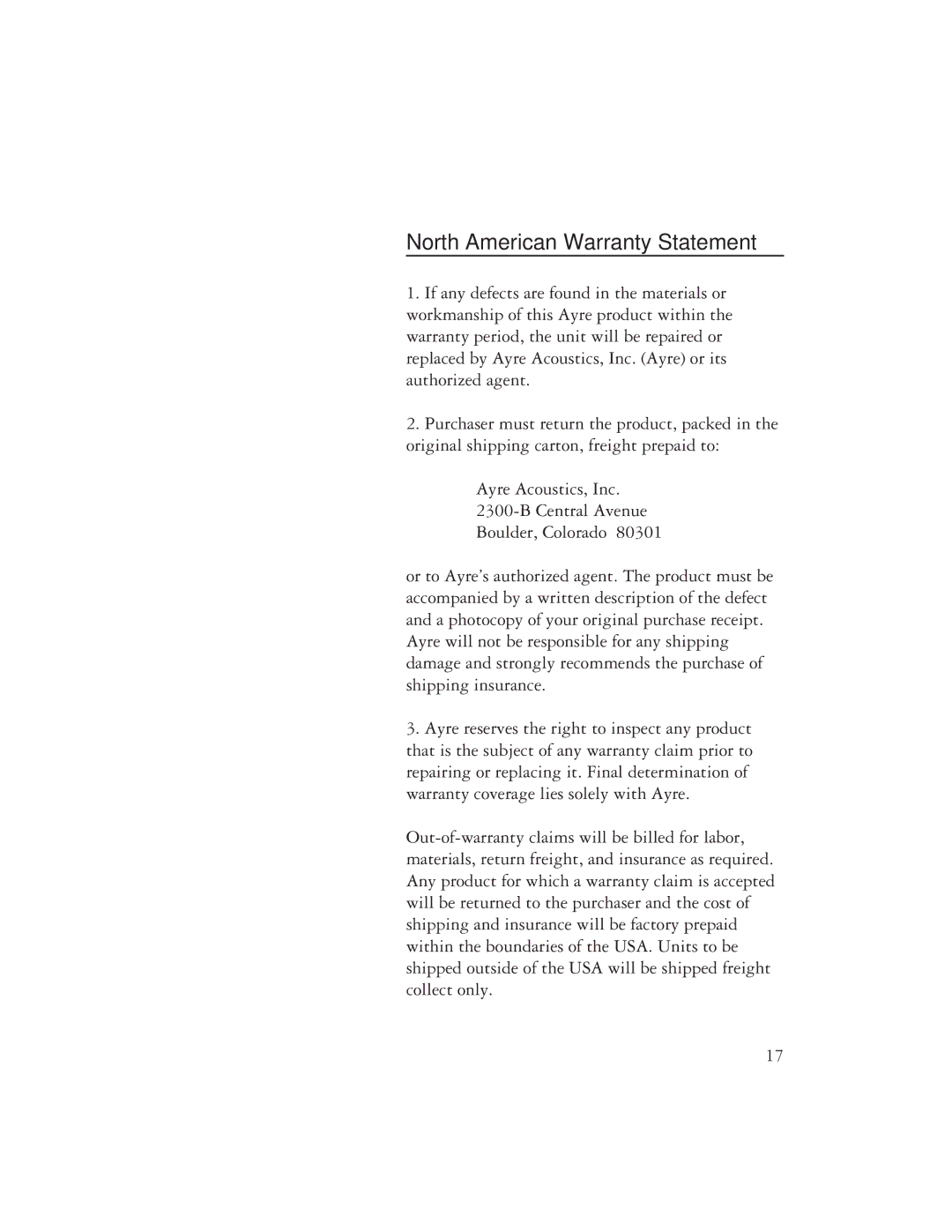 Ayre Acoustics P-5XE owner manual North American Warranty Statement 