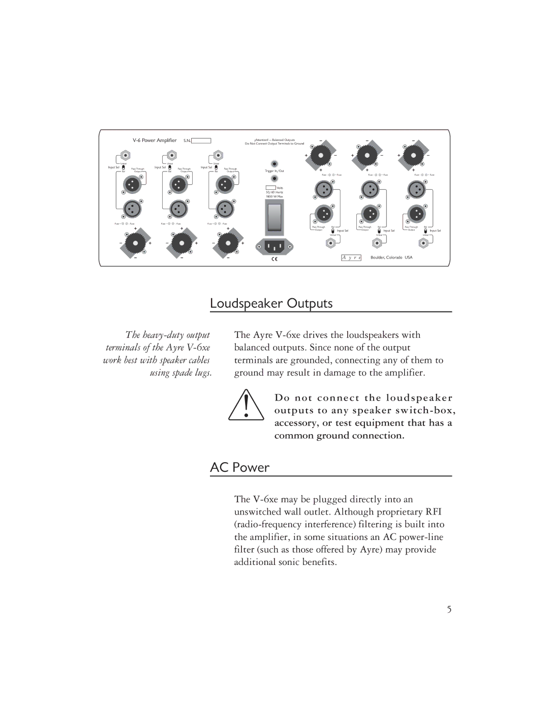 Ayre Acoustics Power Amplifier owner manual Loudspeaker Outputs, AC Power 