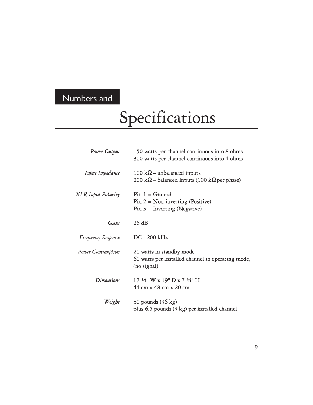 Ayre Acoustics Power Amplifier owner manual Specifications, Numbers and 