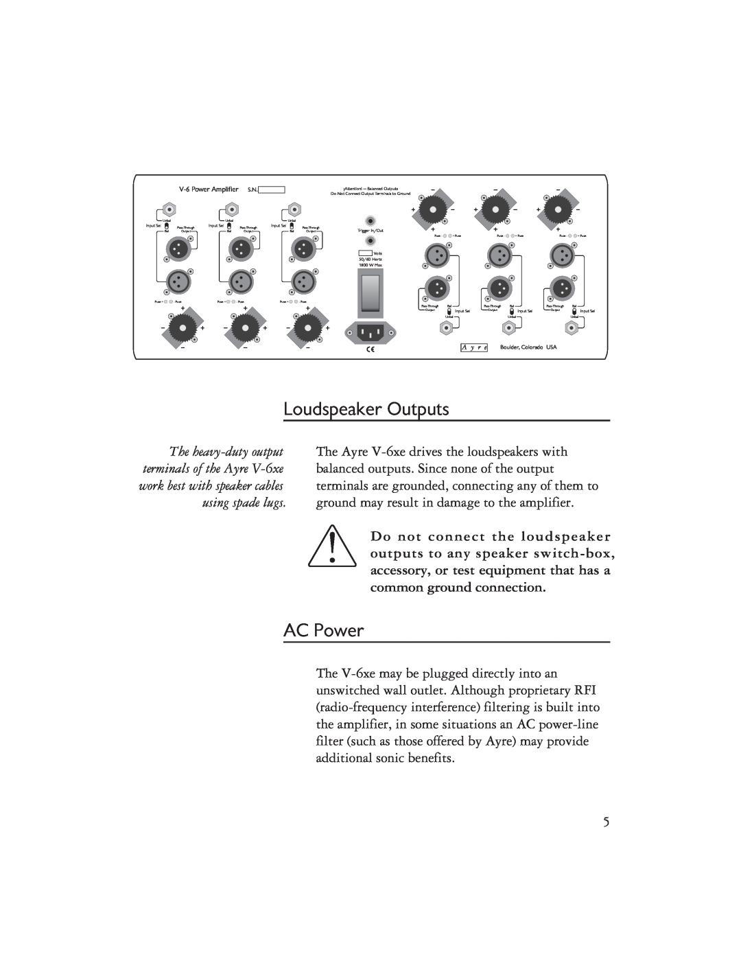 Ayre Acoustics Power Amplifier owner manual Loudspeaker Outputs, AC Power 