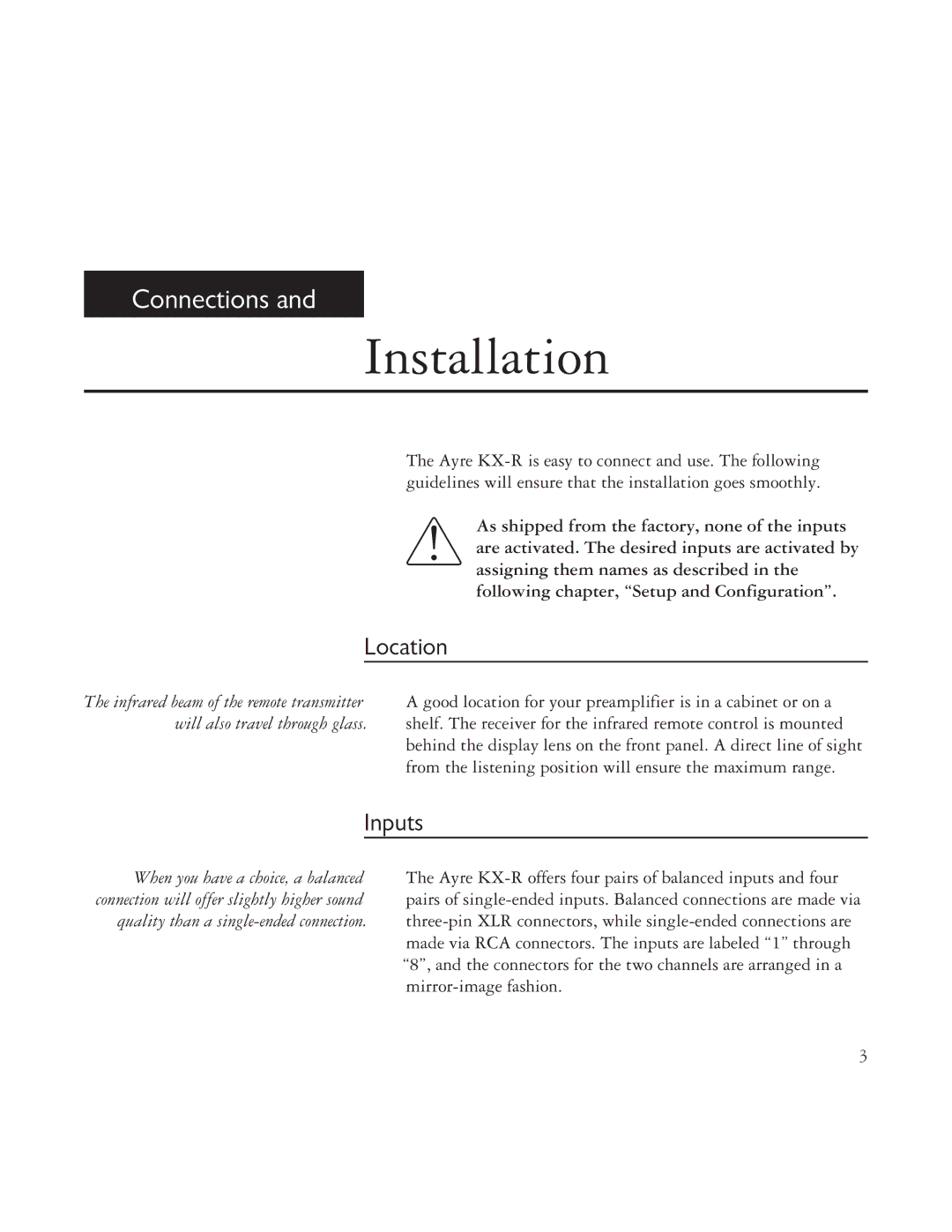 Ayre Acoustics TK-8150, TK-7150 specifications Installation, Location, Inputs 