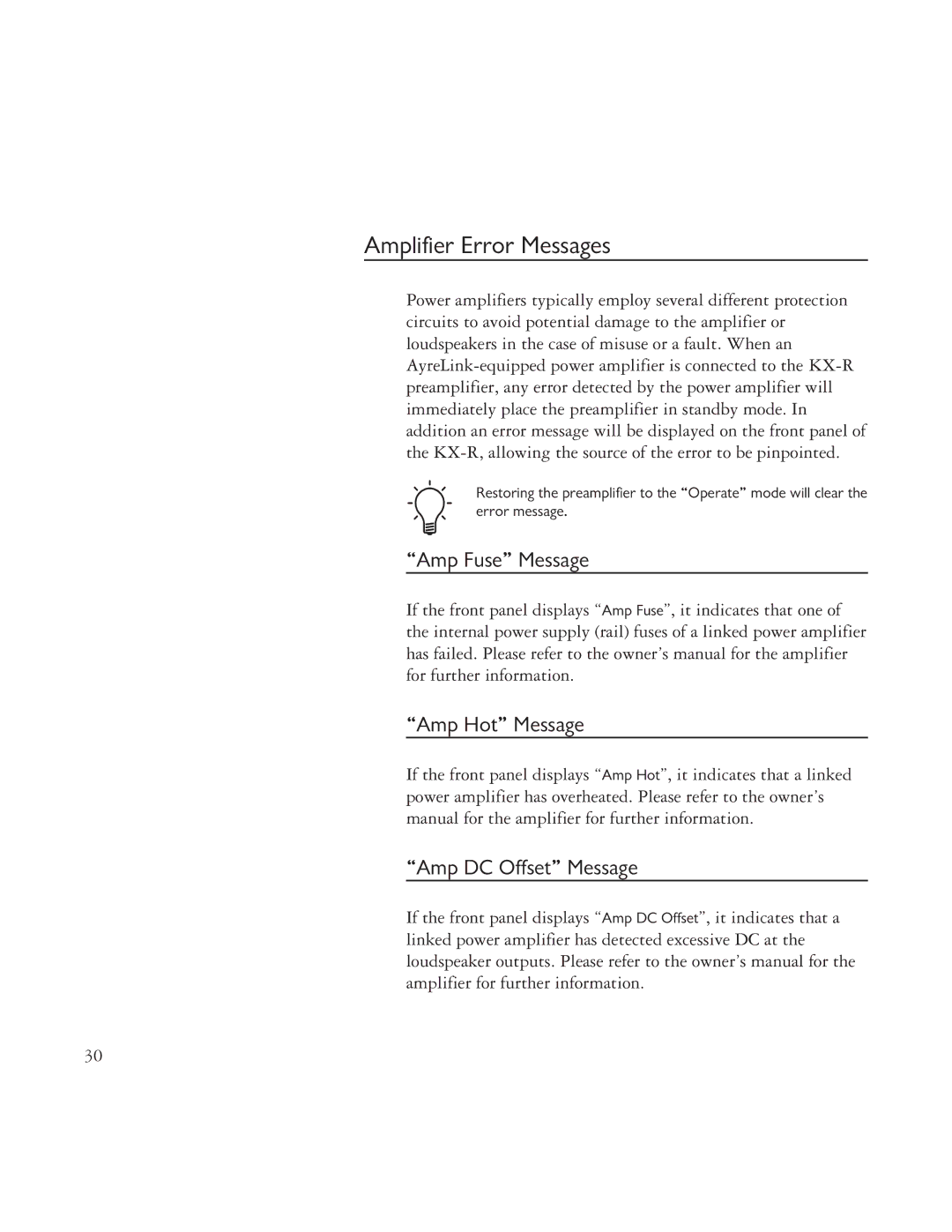 Ayre Acoustics TK-7150, TK-8150 Amplifier Error Messages, Amp Fuse Message Amp Hot Message Amp DC Offset Message 