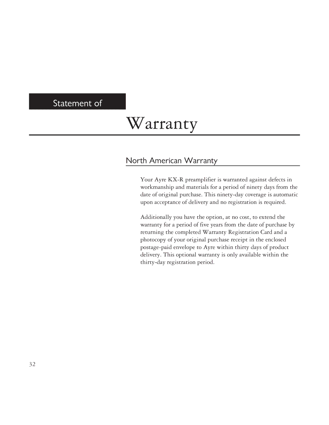 Ayre Acoustics TK-7150, TK-8150 specifications North American Warranty 