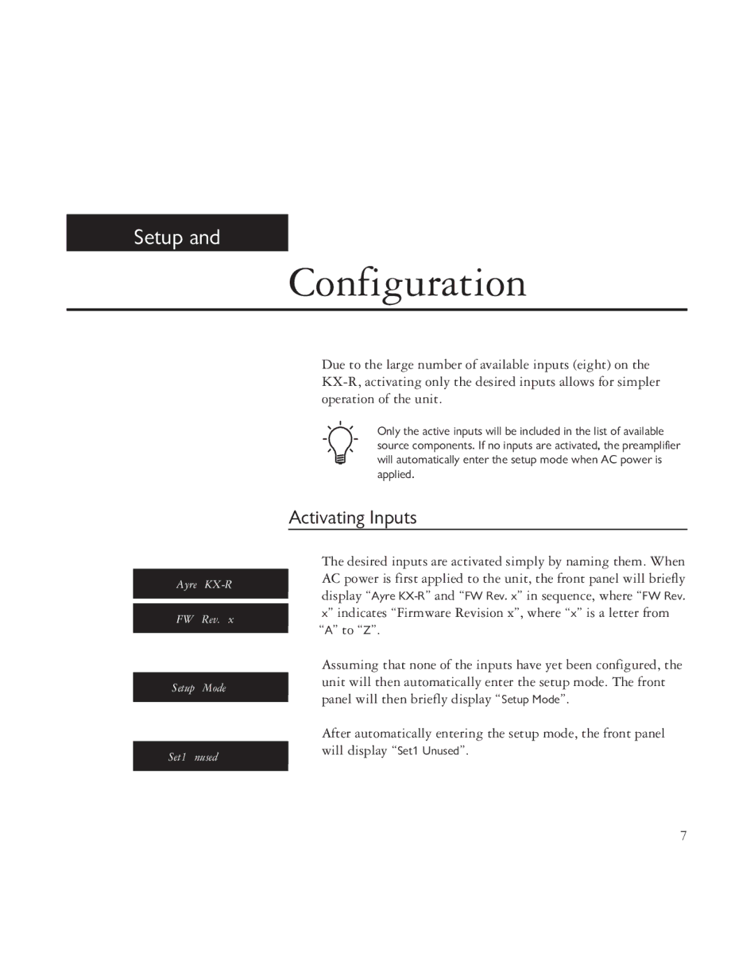 Ayre Acoustics TK-8150, TK-7150 specifications Configuration, Activating Inputs 