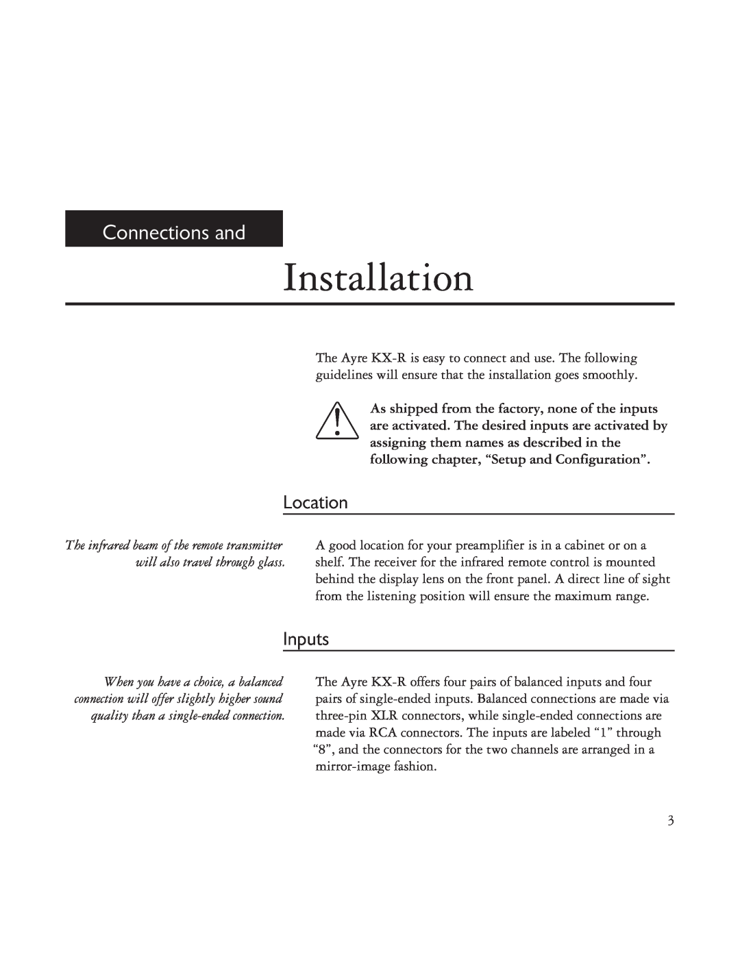 Ayre Acoustics TK-8150, TK-7150 specifications Installation, Connections and, Location, Inputs 