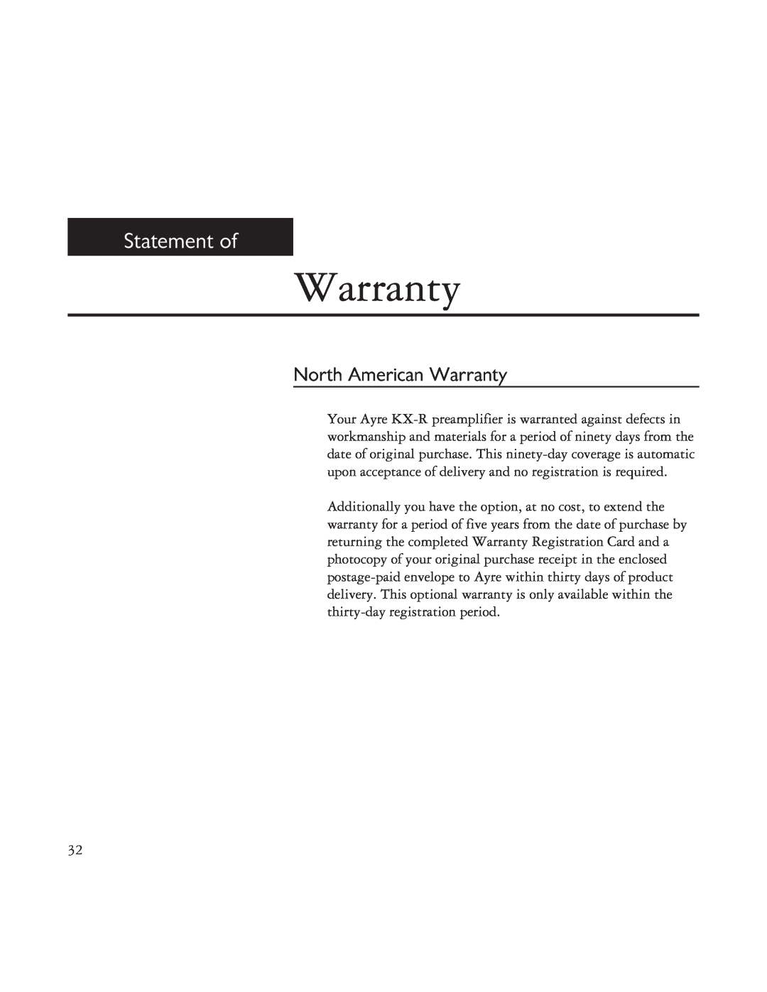 Ayre Acoustics TK-7150, TK-8150 specifications Statement of, North American Warranty 