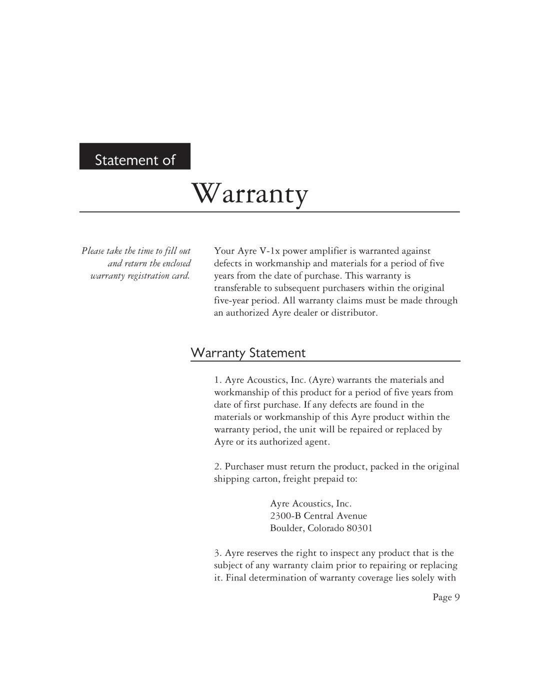 Ayre Acoustics V-1x owner manual Warranty Statement 