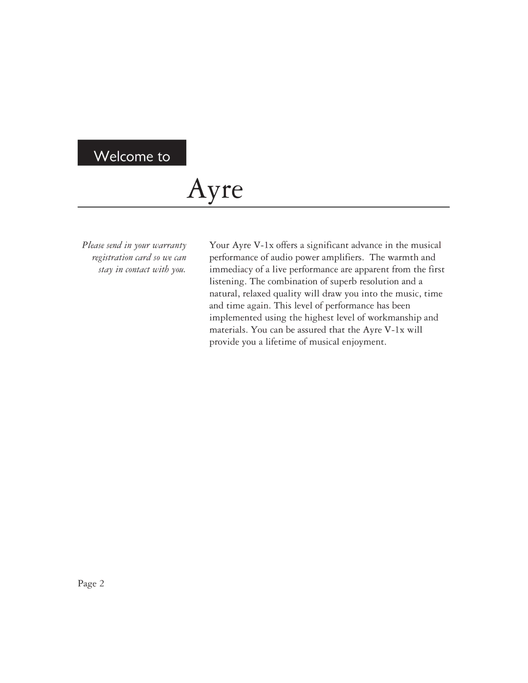 Ayre Acoustics V-1x owner manual Ayre 